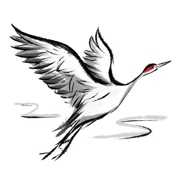 手绘插图黑白水墨风仙鹤免抠素材
