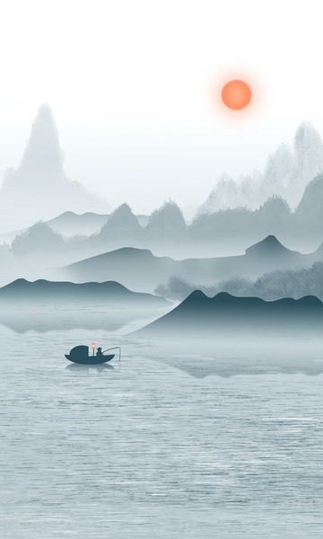 浅色 山水画 风景 钓鱼