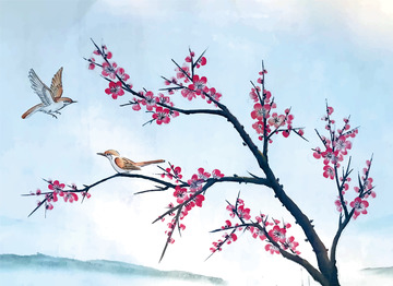 彩色水墨春天梅花麻雀远云图