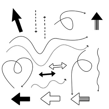 一组实用手绘漫画虚实线波浪弯曲空心箭头