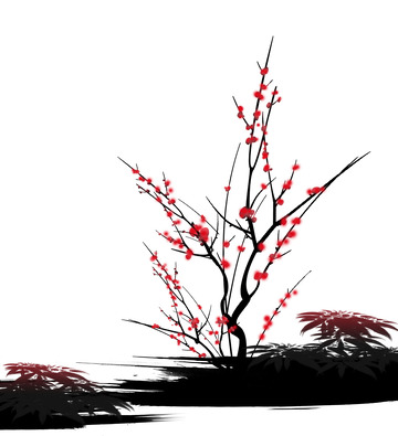 水墨风红梅梅花装饰元素图