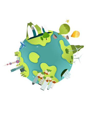 绿色手绘城市与地球