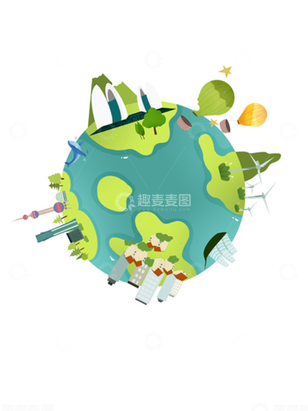 源文件下载【趣麦麦图】-绿色手绘城市与地球