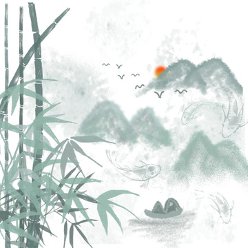 手绘绿色简约水墨素材