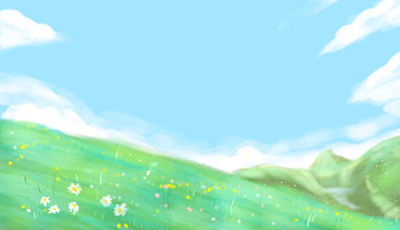 绿色草地草原踏青蓝天白云花海PSD