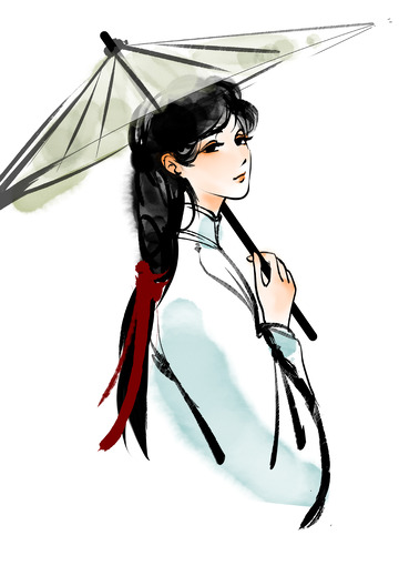 黑白古风油纸伞少女水墨风素材手绘图