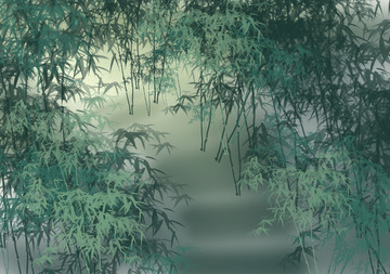 绿色水墨山中竹林水墨背景