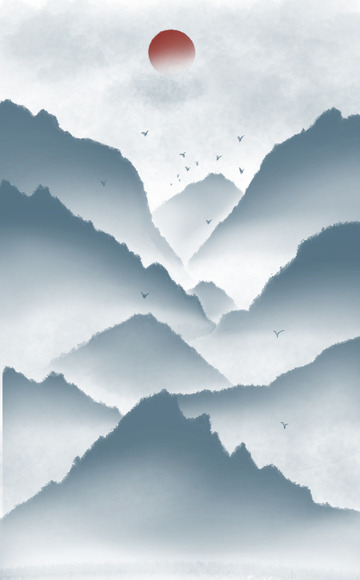 墨蓝水墨山水画