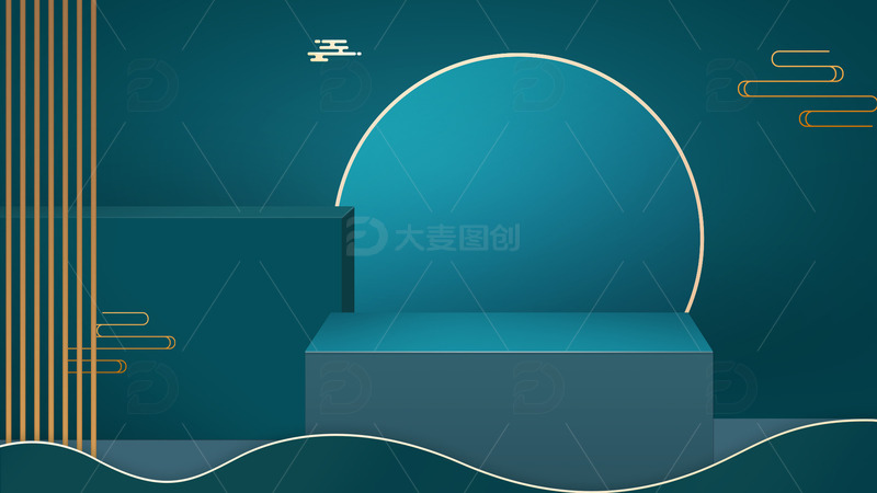 源文件下载【趣麦麦图】-绿色国潮风C4D场景搭建几何背景祥云