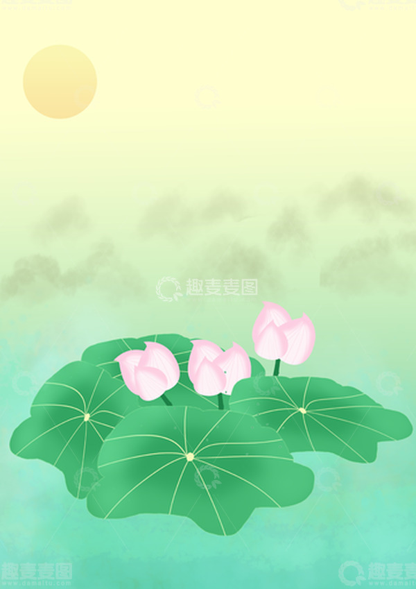 源文件下载【趣麦麦图】山水荷花画风