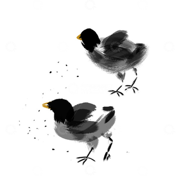 源文件下载【趣麦麦图】水墨小鸡啄米手绘