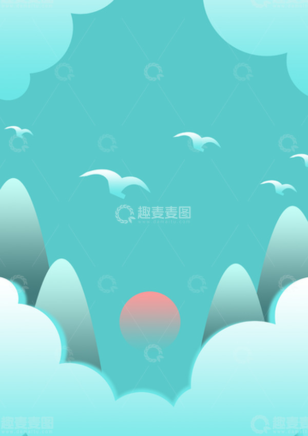 源文件下载【趣麦麦图】清绿色落日青山小清新背景元素