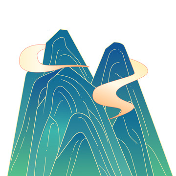 青绿色国潮风青山山水手绘矢量插画图