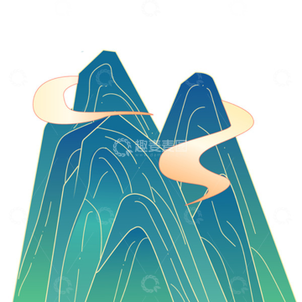 源文件下载【趣麦麦图】青绿色国潮风青山山水手绘矢量插画图