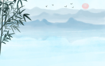 水墨画山水和竹叶背景