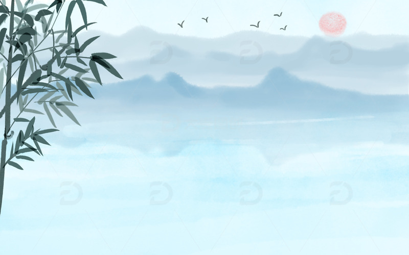 源文件下载【趣麦麦图】水墨画山水和竹叶背景