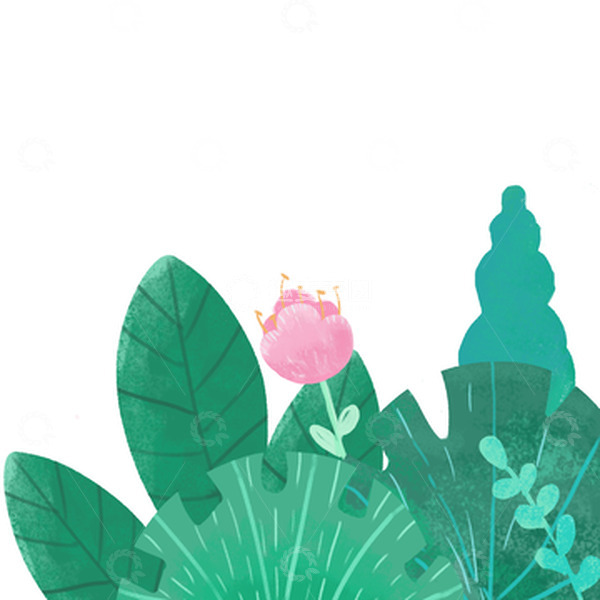 源文件下载【趣麦麦图】-大暑季节夏季树丛草丛大片叶子花朵手绘图