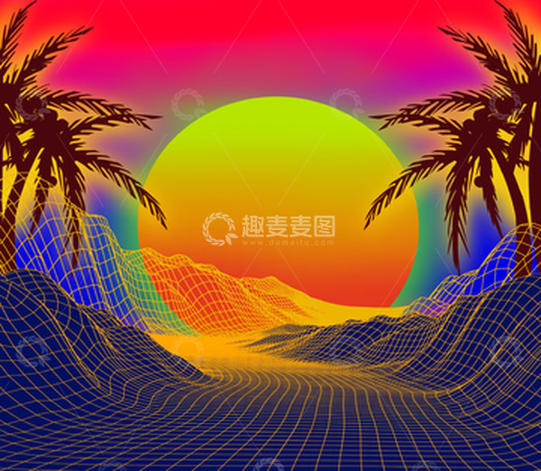 源文件下载【趣麦麦图】黄粉色蒸汽波大暑夕阳海边插画背景