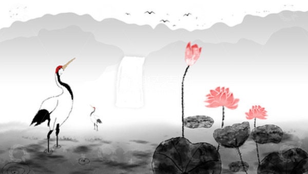 源文件下载【趣麦麦图】水墨风格荷花白鹭背景