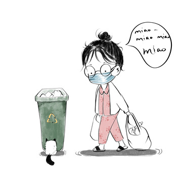 倒垃圾的睡衣女生遇见猫