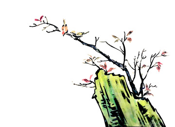 水墨彩墨小山小雀枝头