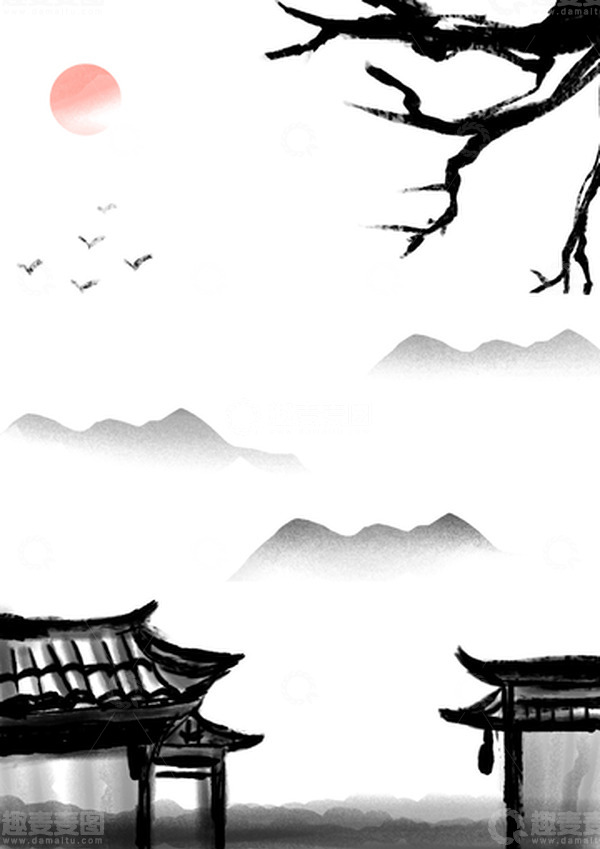 源文件下载【趣麦麦图】手绘水墨山水背景图