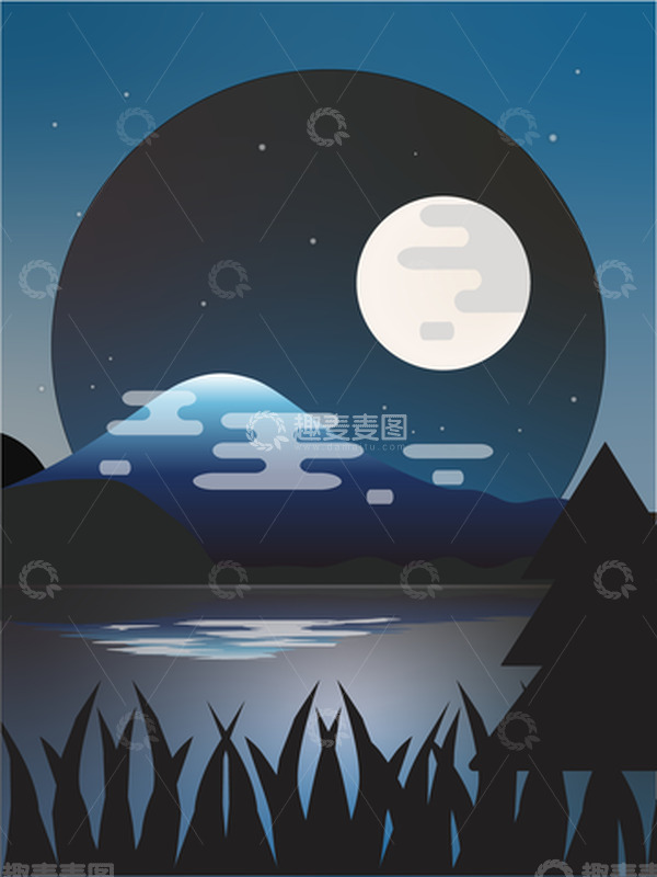 源文件下载【趣麦麦图】蓝色宁静夜晚扁平简约背景