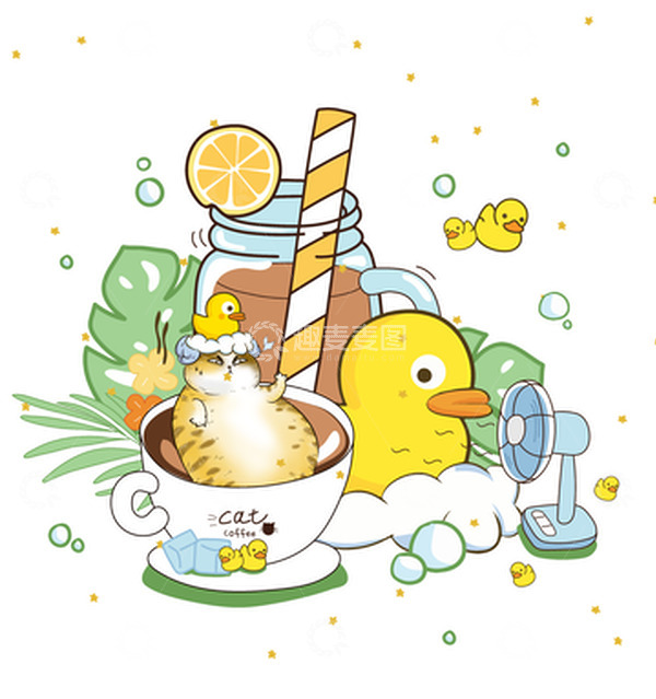 源文件下载【趣麦麦图】小清新夏天大暑吹风扇洗澡饮品插画