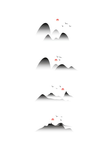 水墨山水飞鸟红日矢量手绘