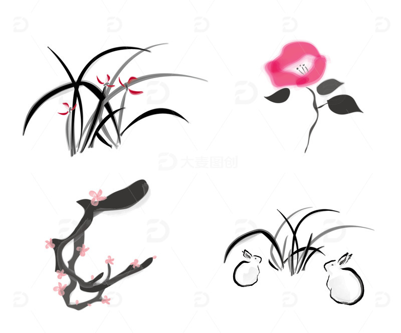 源文件下载【趣麦麦图】水墨风植物手绘元素