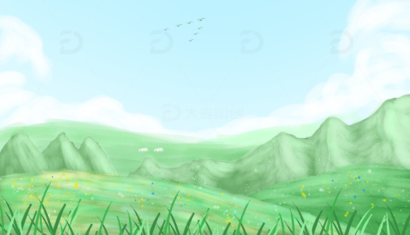 手绘草原青草羊群青山连绵PSD