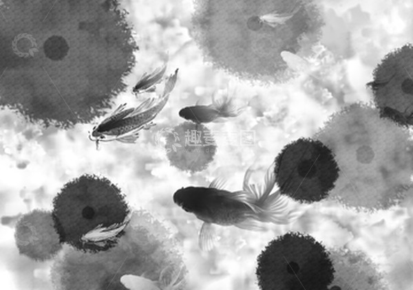 源文件下载【趣麦麦图】水墨风池塘水墨荷叶锦鲤水墨插画