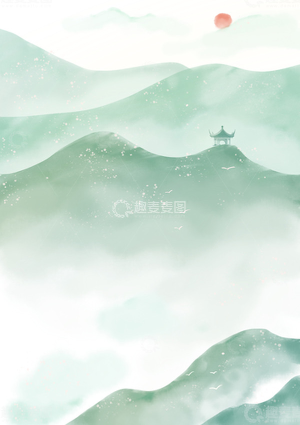 源文件下载【趣麦麦图】水墨山水水彩手绘绿色清新国风