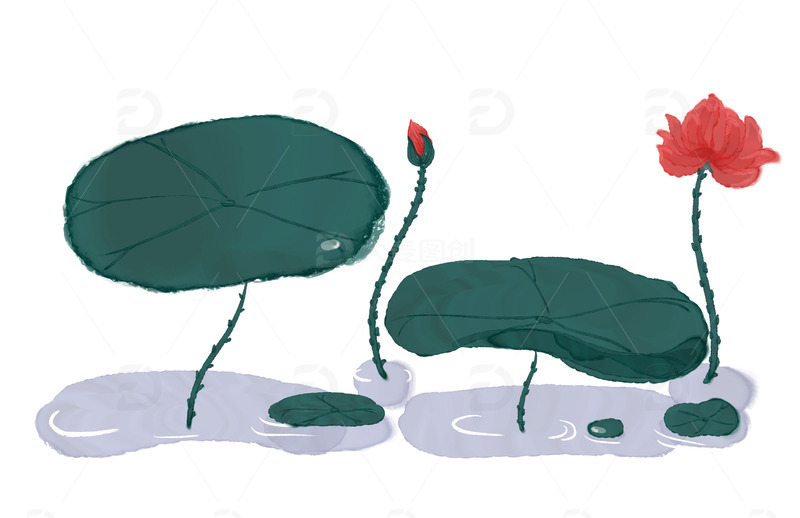 源文件下载【趣麦麦图】-水墨淡彩荷花荷叶元素