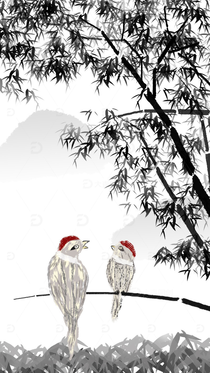 源文件下载【趣麦麦图】国风水墨竹林鸟鸣背景