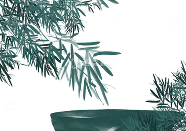 源文件下载【趣麦麦图】墨绿色中国风水墨竹子石桌水墨插画元素