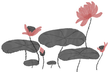 水墨淡彩荷叶荷花元素