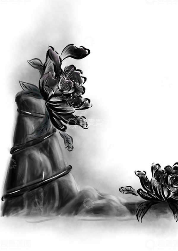源文件下载【趣麦麦图】墨色意境石上牡丹水墨画手绘