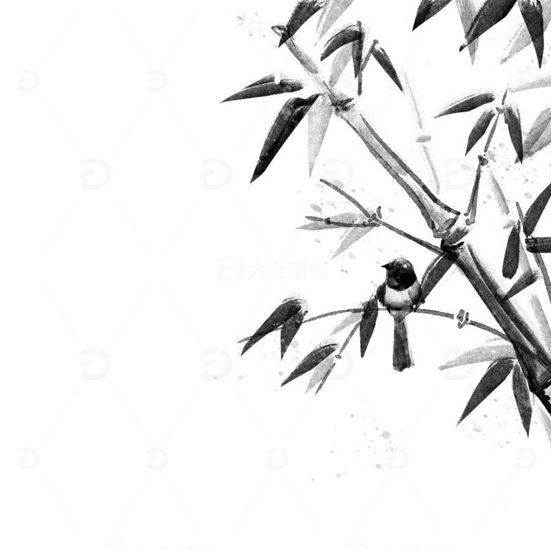 源文件下载【趣麦麦图】水墨竹子小鸟写意边角装饰PPT