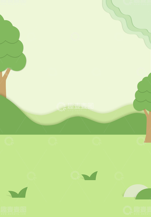 源文件下载【趣麦麦图】-绿色清新剪纸风树木小草空间场景背景