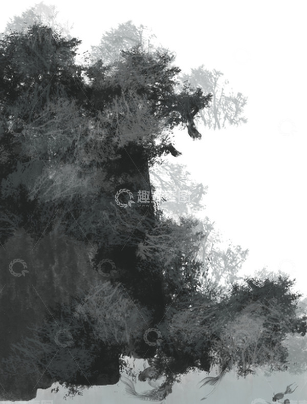 源文件下载【趣麦麦图】水墨风大山树林溪水墨色锦鲤元素