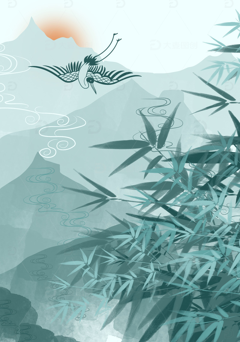 源文件下载【趣麦麦图】绿色中国风水墨群山图水墨竹子鹤背景