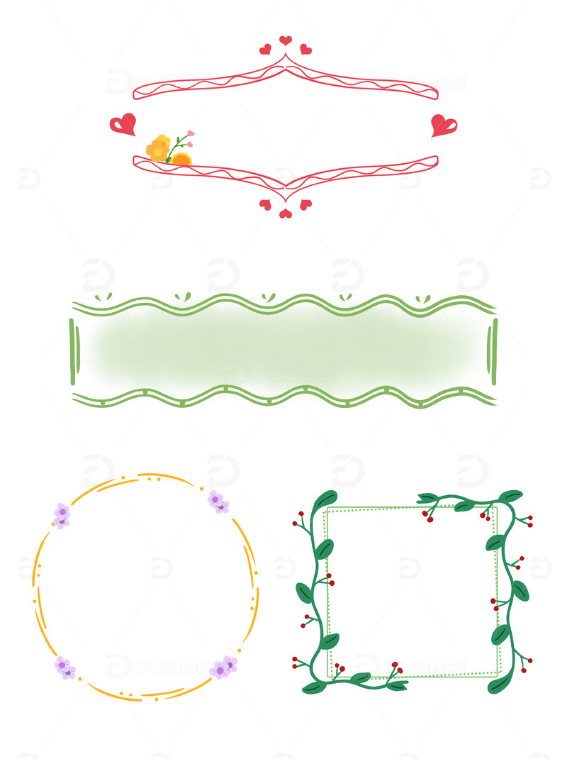 春天夏天边框边线花藤花朵桃心小草元素大暑