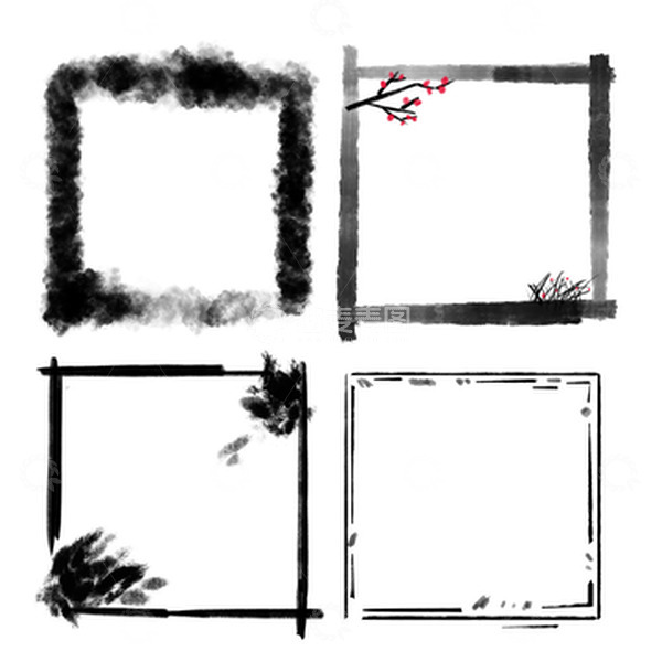 源文件下载【趣麦麦图】中式水墨风素材毛笔正方形边框组