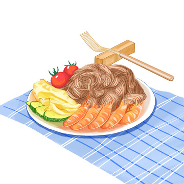 暖色国风美食面条手绘图