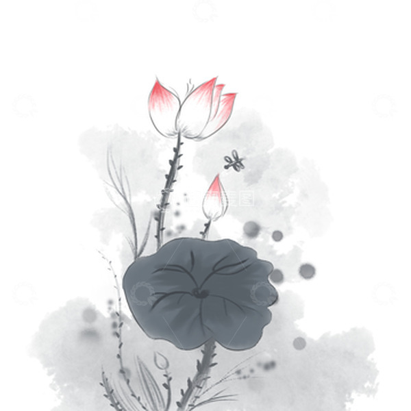源文件下载【趣麦麦图】深绿荷叶荷花水墨风手绘素材