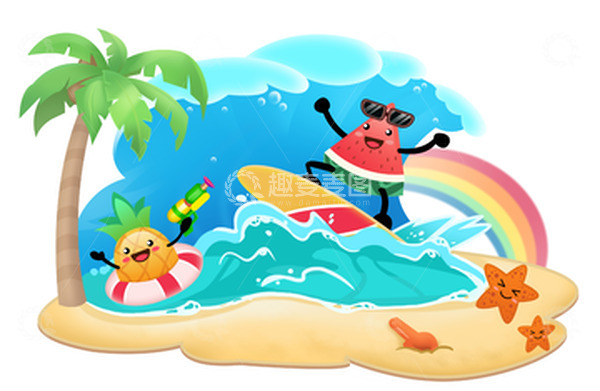 源文件下载【趣麦麦图】蓝色扁平夏日狂欢大暑手绘