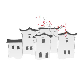 水墨风素材写意徽派建筑村落房屋