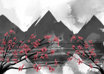 古风山水水墨梅花手绘插画