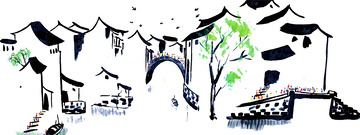 水墨国画梦里江南水乡早市